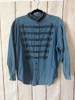 Vintage Cambridge Dry Goods Blue Denim Military Style Embroidered Button Up S